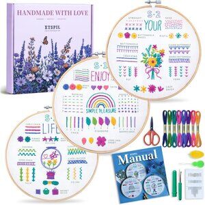 3 Pack Embroidery Kit for Beginners and Adults,Learn 33 Stitches with DIY Stampe